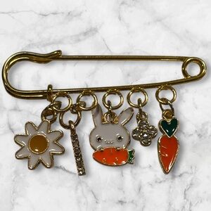 Gold Charm Safety Pin with Bunny and Carrot